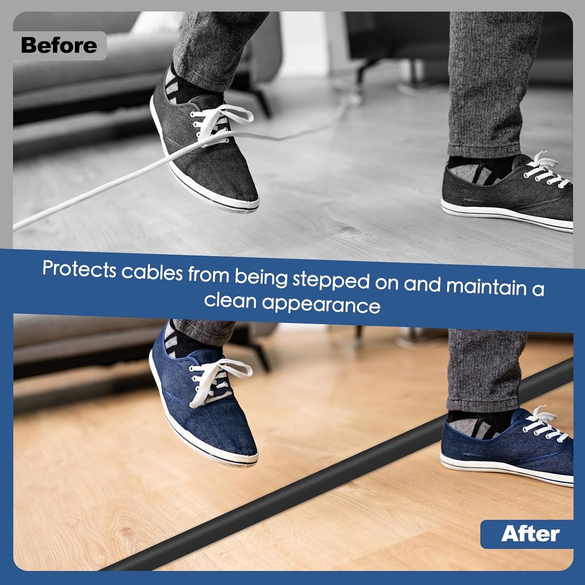 Cable bridge bottom - Self-adhesive cable duct - PVC - Cable duct floor - Concealing cables - Cable protection - Power cables suitable for homes, offices, hotels and warehouses - 100 x 2 x 1 cm - Black - Image 3