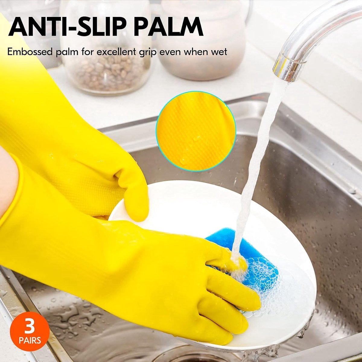 Cleaning gloves - 3 pairs - rubber gloves - dishwashing gloves - rubber gloves - dishwashing gloves - waterproof rubber gloves - household gloves - reusable - rubber - dishwashing gloves - size L - yellow - Image 4
