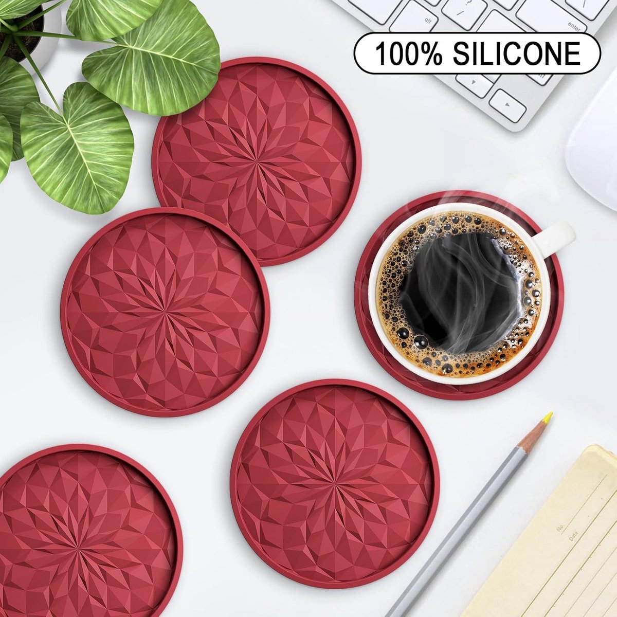Coasters with Holder - 6 pieces - Coasters for Glasses - Coasters - Silicone - Non-slip - Red - Round - Raised edges to prevent spills - Coasters for hot or cold drinks to protect table tops - Image 2
