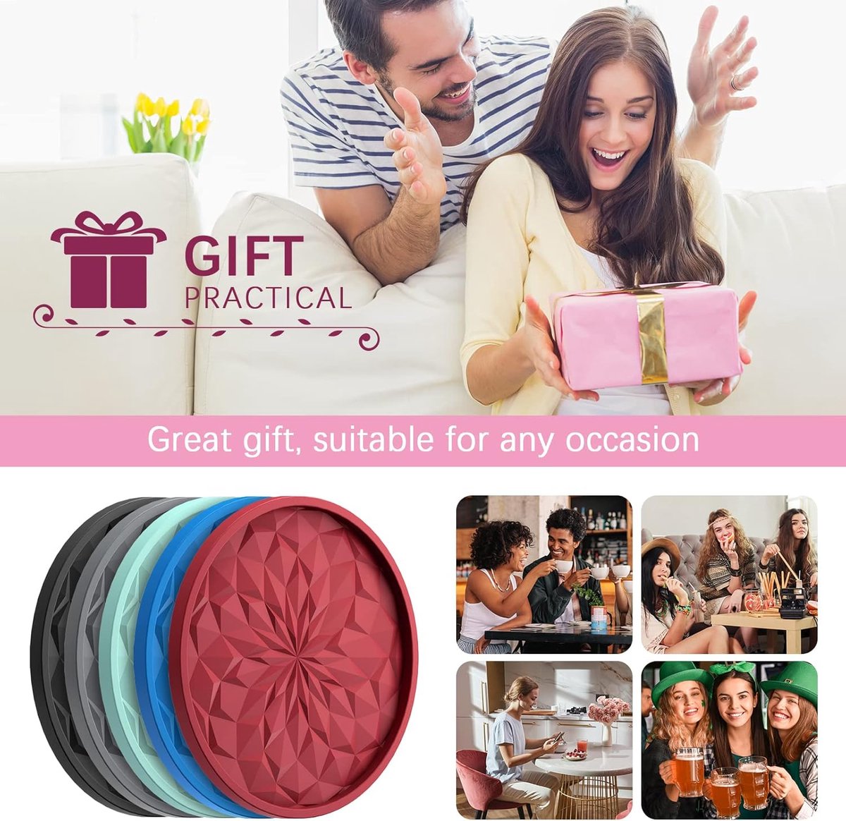 Coasters with Holder - 6 pieces - Coasters for Glasses - Coasters - Silicone - Non-slip - Red - Round - Raised edges to prevent spills - Coasters for hot or cold drinks to protect table tops - Image 6