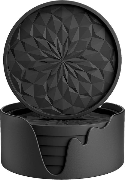 Coasters with Holder - 6 pieces - Coasters for Glasses - Glass Coasters for the Table - Coasters - Silicone - Non-slip - Black - Round - Raised edges to prevent spills - Coasters for hot or cold drinks to protect table tops