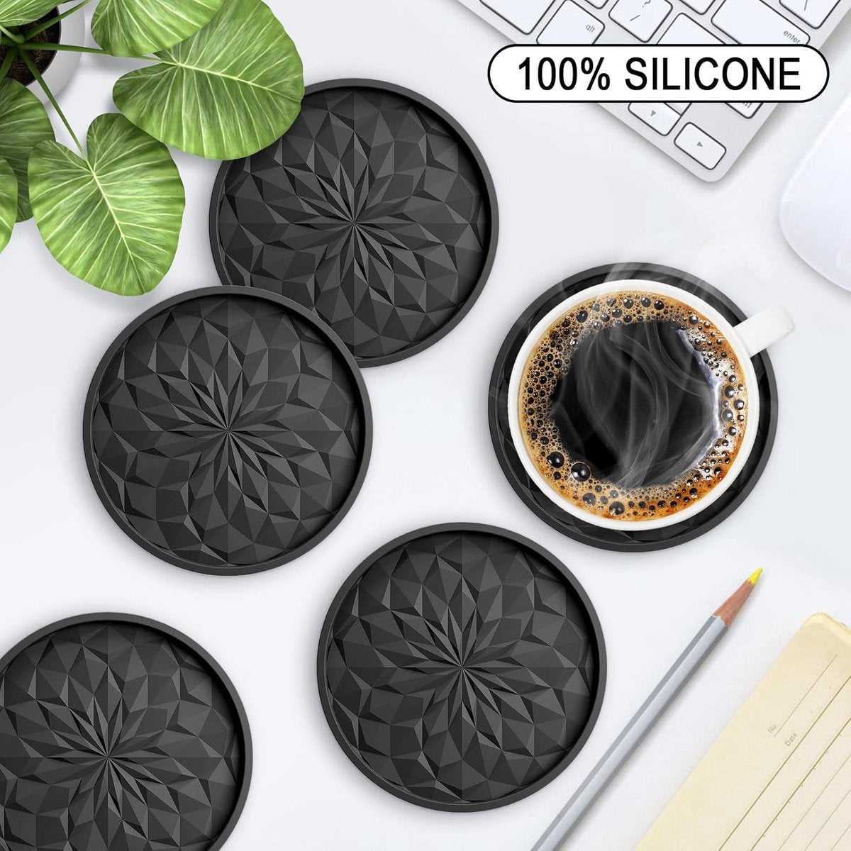 Coasters with Holder - 6 pieces - Coasters for Glasses - Glass Coasters for the Table - Coasters - Silicone - Non-slip - Black - Round - Raised edges to prevent spills - Coasters for hot or cold drinks to protect table tops - Image 2