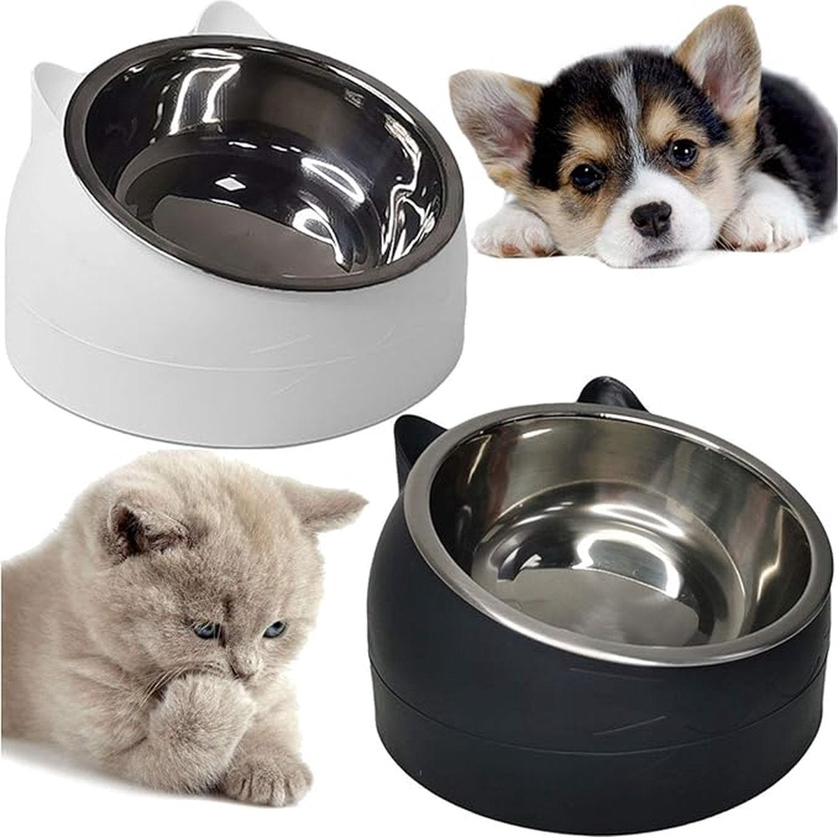 2 pieces - food bowls for cats - Dog food bowl - black, white - 200 ml - Drinking bowl for dogs and cats - Stainless steel - With cat head shape - Image 3
