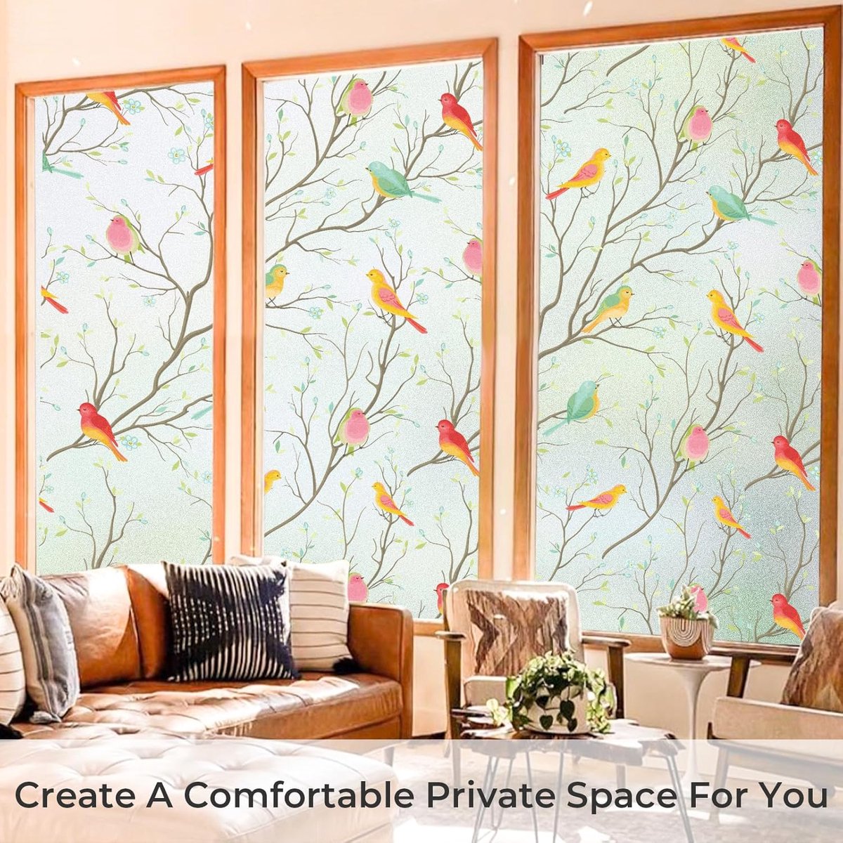 Window film - Glue-free adhesive film for windows and bathrooms - 30cm*1m - PVC - Static - Easy installation - Colorful - Branches and birds - Image 2