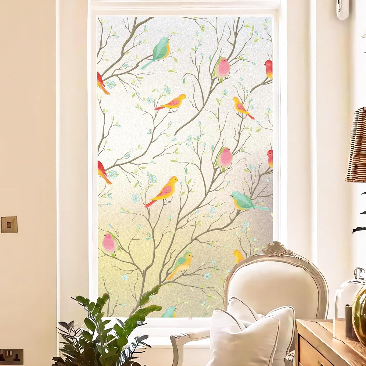 Window film - Glue-free adhesive film for windows and bathrooms - 30cm*1m - PVC - Static - Easy installation - Colorful - Branches and birds - Image 3