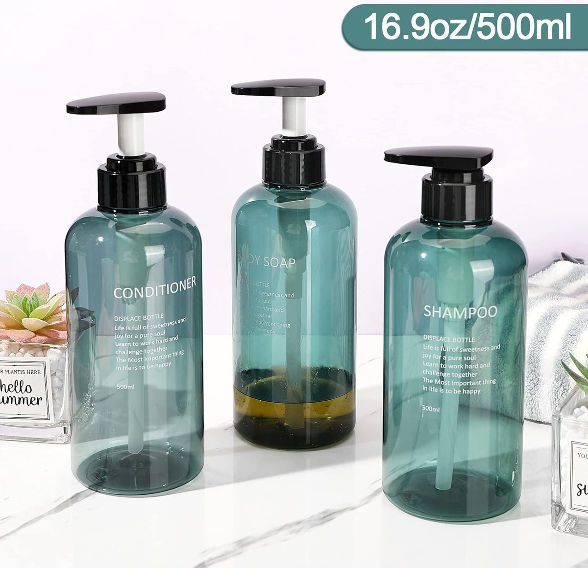 Soap dispenser - 3 pieces - Empty travel bottles - shampoo conditioner, shower gel dispenser - pump dispenser - empty bottles - 500 ml - blue - plastic - refillable - with labels - for travel and bathroom - Image 2