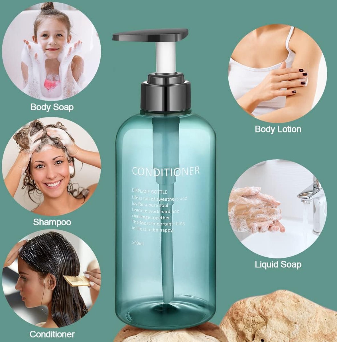 Soap dispenser - 3 pieces - Empty travel bottles - shampoo conditioner, shower gel dispenser - pump dispenser - empty bottles - 500 ml - blue - plastic - refillable - with labels - for travel and bathroom - Image 3