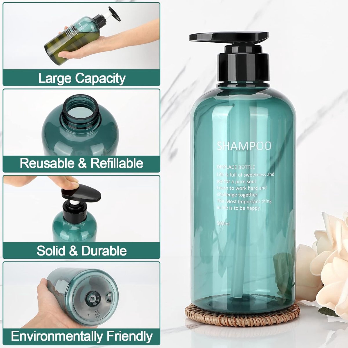 Soap dispenser - 3 pieces - Empty travel bottles - shampoo conditioner, shower gel dispenser - pump dispenser - empty bottles - 500 ml - blue - plastic - refillable - with labels - for travel and bathroom - Image 4