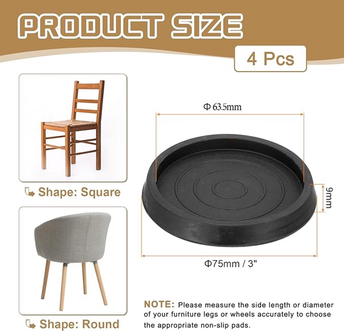 4 Pieces - Non-Slip Furniture Pads - Rubber - Black - Round - For Floor and Furniture Protection - For Bed Sofa Stoppers - 75*75*9mm - Image 5