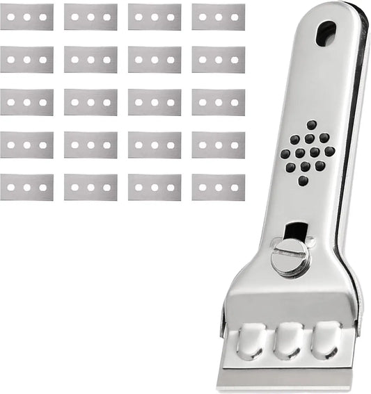 Ceramic Plate Scraper - Hob Scraper Scraper With 20 Extra Blades - Paint Scraper - suitable for glass or tiles and against glue or paint residue - glass scraper - stainless steel - cleaning induction hobs - halogen hob - paint cleaner