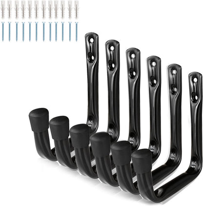 Storage hooks - wall hooks - tool hooks - garage organizer - 6 pieces - 9*11.5 cm - iron - black - with rubber end cap - Including screws - for cellar, bicycle, wall-mounted ladder