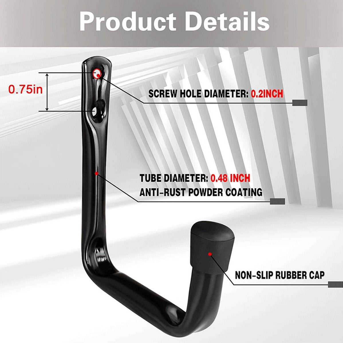 Storage hooks - wall hooks - tool hooks - garage organizer - 6 pieces - 9*11.5 cm - iron - black - with rubber end cap - Including screws - for cellar, bicycle, wall-mounted ladder - Image 2