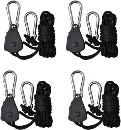 4 pieces/2 pairs - Rope ratchet - ratchet - internal gear ratchet - tow hook with carabiner - Rope ratchet hanger set - lifting device - 2m long - 150 lbs - black - for indoor plants, lighting and ventilation