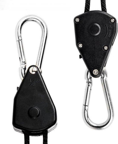4 pieces/2 pairs - Rope ratchet - ratchet - internal gear ratchet - tow hook with carabiner - Rope ratchet hanger set - lifting device - 2m long - 150 lbs - black - for indoor plants, lighting and ventilation - Image 3