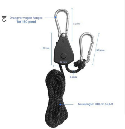 4 pieces/2 pairs - Rope ratchet - ratchet - internal gear ratchet - tow hook with carabiner - Rope ratchet hanger set - lifting device - 2m long - 150 lbs - black - for indoor plants, lighting and ventilation - Image 4