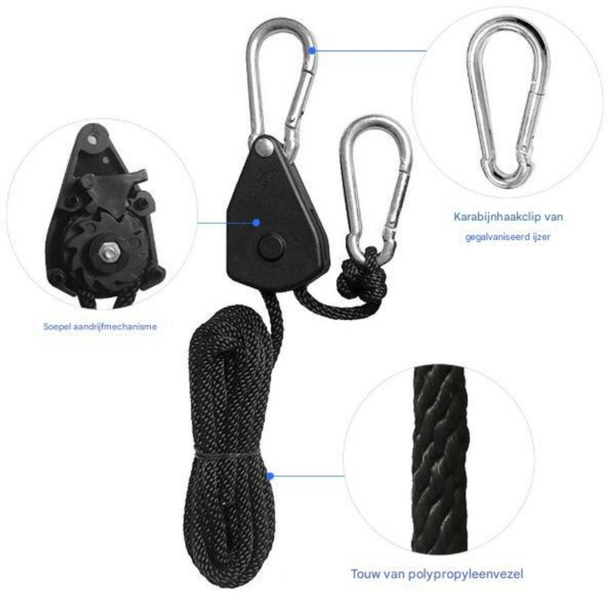 4 pieces/2 pairs - Rope ratchet - ratchet - internal gear ratchet - tow hook with carabiner - Rope ratchet hanger set - lifting device - 2m long - 150 lbs - black - for indoor plants, lighting and ventilation - Image 9