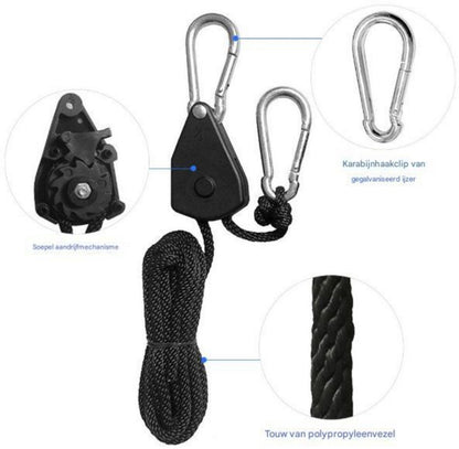 4 pieces/2 pairs - Rope ratchet - ratchet - internal gear ratchet - tow hook with carabiner - Rope ratchet hanger set - lifting device - 2m long - 150 lbs - black - for indoor plants, lighting and ventilation - Image 9