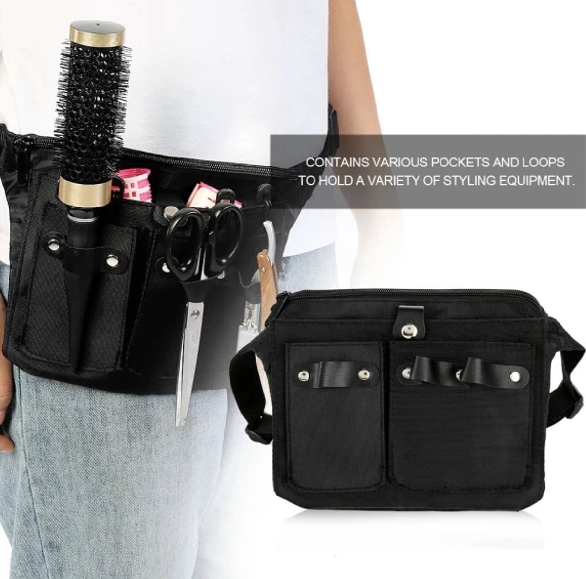 Hairdresser's Bag - Hairdresser's Belt Bag - Hairdresser's Scissor Bag - Canvas - 34*18 cm - For combs, clips - Black - Image 3
