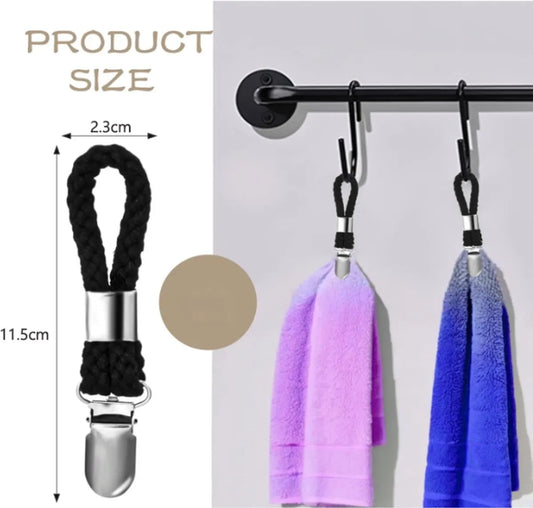 4 pieces - Towel clip - Towel rack - Kitchen towel clips - 11.5*2.3 cm - Black - Multifunctional clips - Suitable for home cupboards and bathrooms - Towel clip made of cotton rope - Image 2