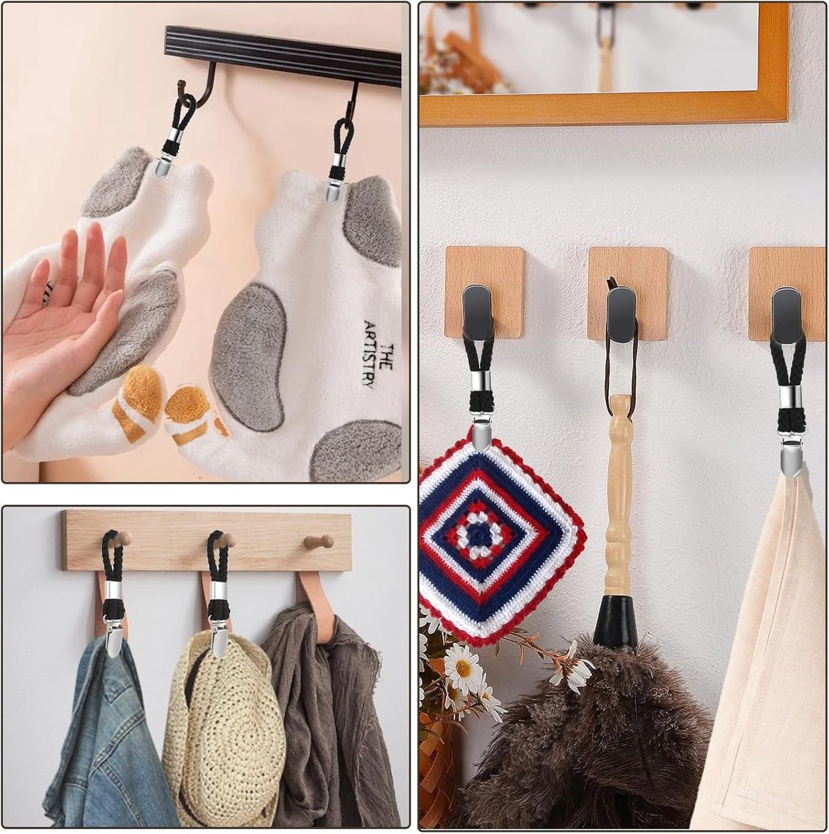 4 pieces - Towel clip - Towel rack - Kitchen towel clips - 11.5*2.3 cm - Black - Multifunctional clips - Suitable for home cupboards and bathrooms - Towel clip made of cotton rope - Image 5
