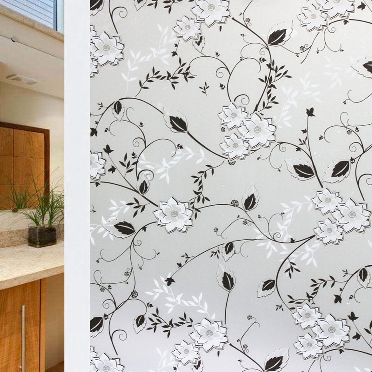 Window film - Self-adhesive window film - Easy installation - 50*200cm - Frosted glass with flowers - black, white - Self-adhesive - PVC - Self-adhesive wallpaper for decoration - Image 2