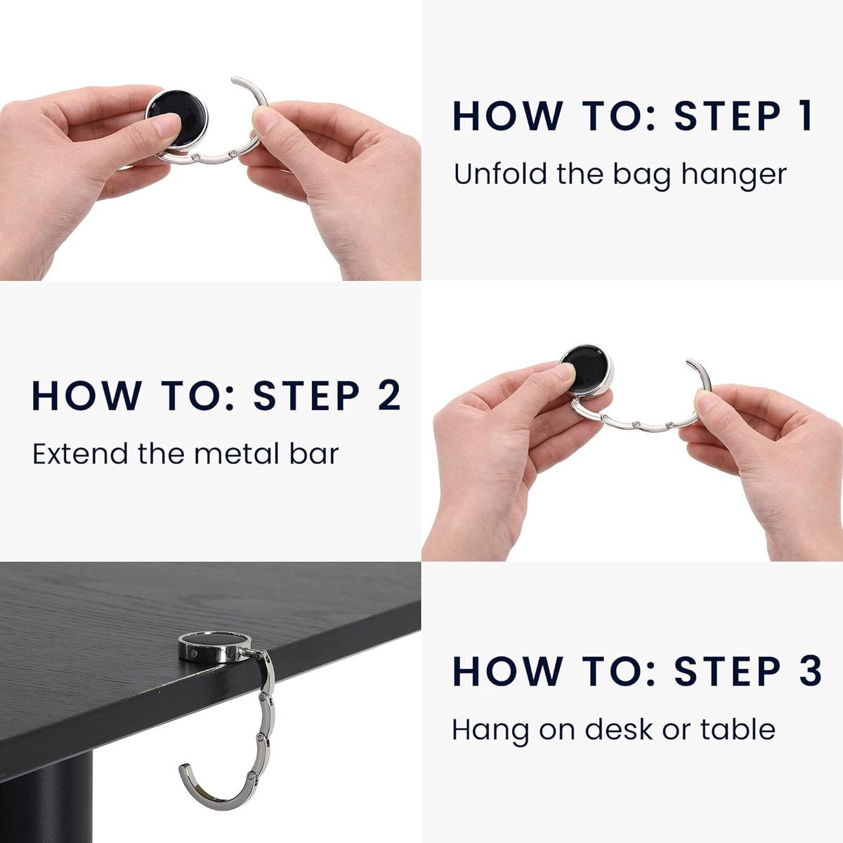 3 pieces - Bag hook - Hook for bags and backpacks - Bag hanger - Bag hooks - Bag hooks - Bag hook - Bag hook table - Bag hanger on the table - Silver - Foldable - Zinc alloy - 9.3 * 4.9 cm - for handbag, school bag, headphones, etc. - Image 3