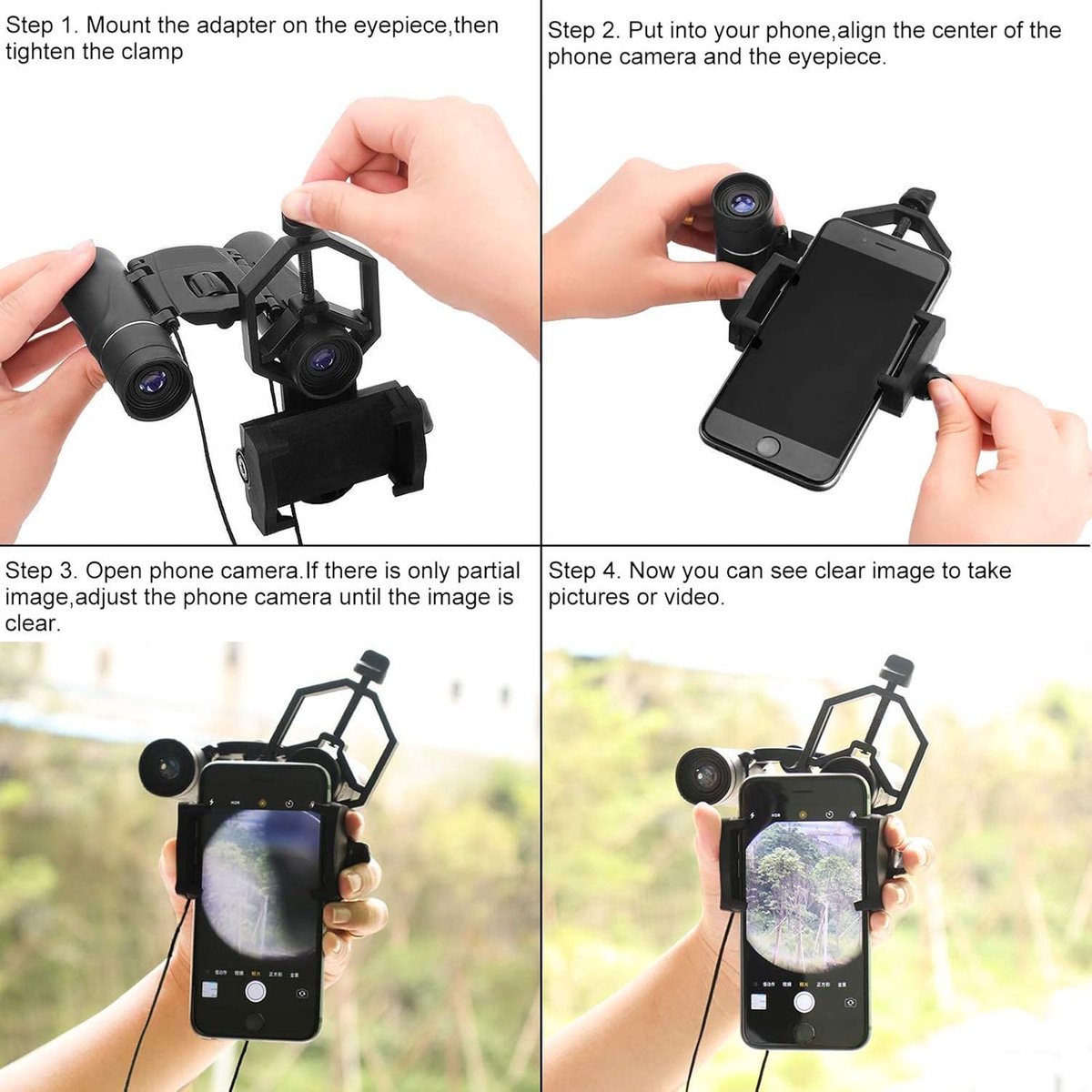 Universal Phone Holder for Telescope - For Eyepiece Diameter Ø 2.5 - 4.8cm - Mobile Phone Adapter Mount - Clip-on Design - For Spotter's Binoculars / Telescope - Adjustable - Black - ABS and Aluminum Alloy - Image 4