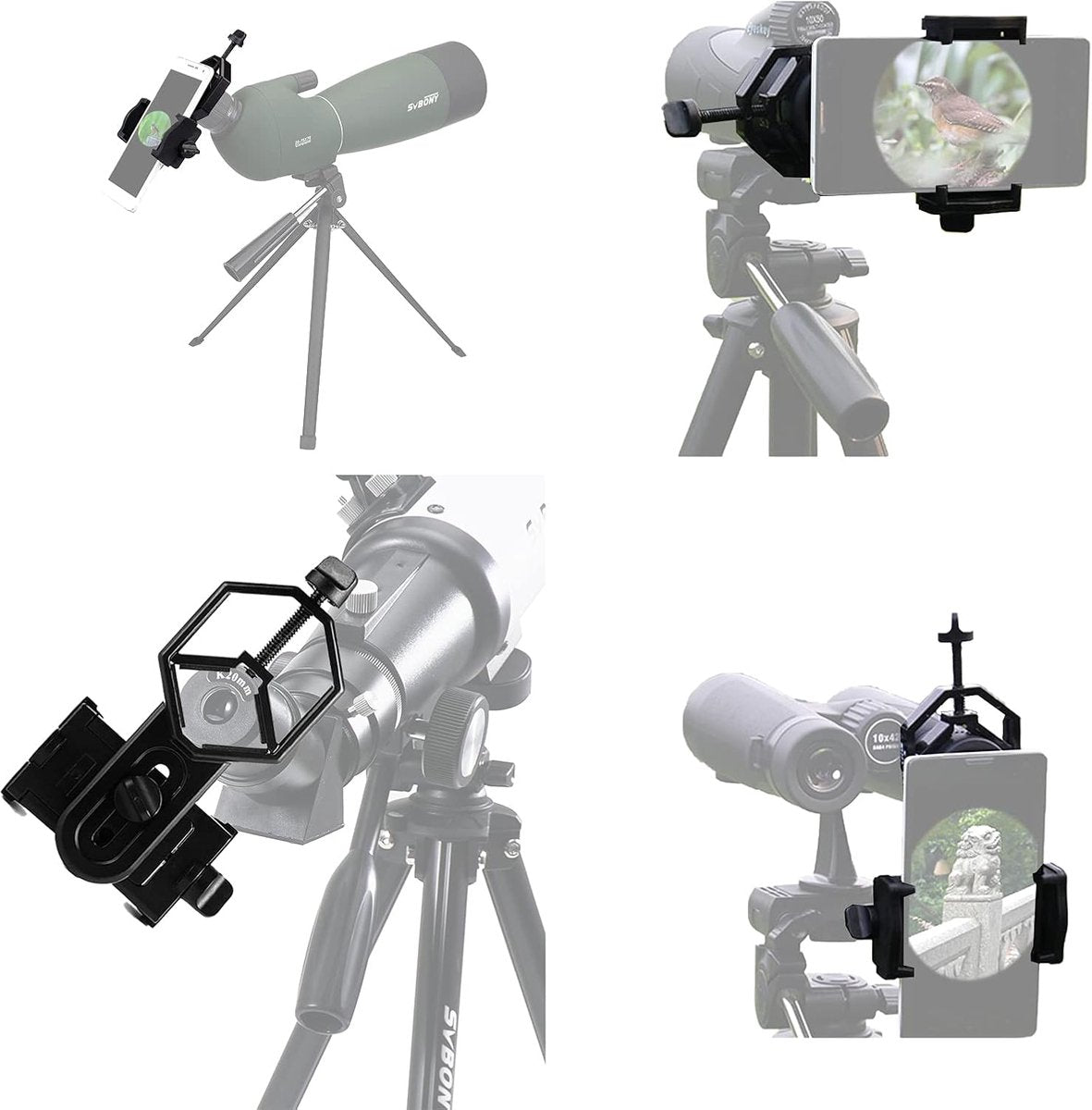Universal Phone Holder for Telescope - For Eyepiece Diameter Ø 2.5 - 4.8cm - Mobile Phone Adapter Mount - Clip-on Design - For Spotter's Binoculars / Telescope - Adjustable - Black - ABS and Aluminum Alloy - Image 5