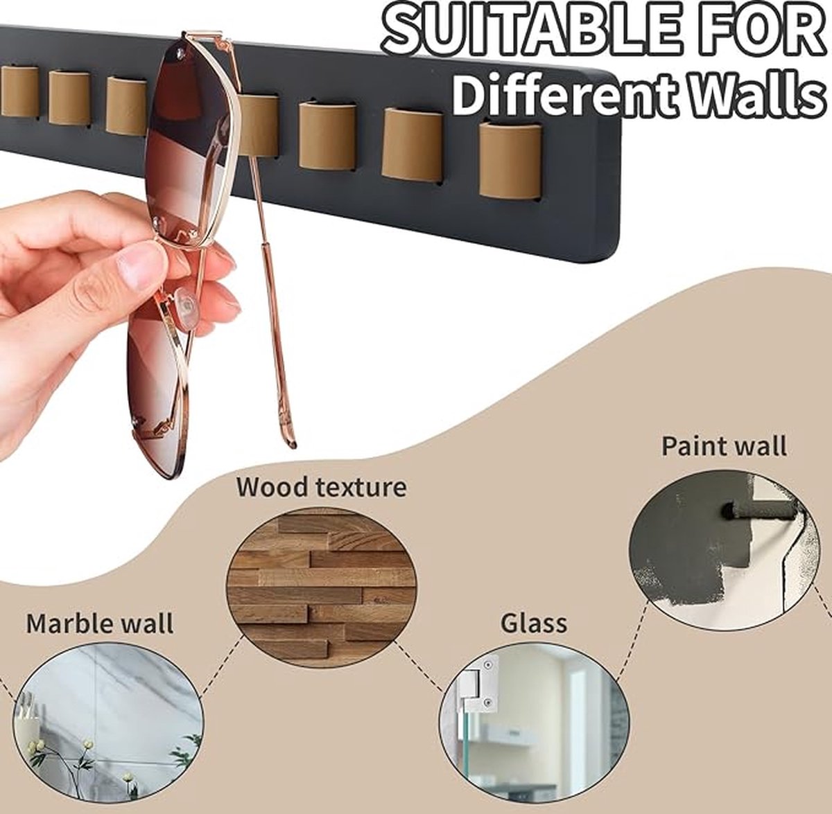 Glasses holder for the wall - glasses storage for multiple glasses - Store multiple glasses - Glasses holder - black - Sunglasses holder - wooden - 40*5.5*2.5cm - Image 3