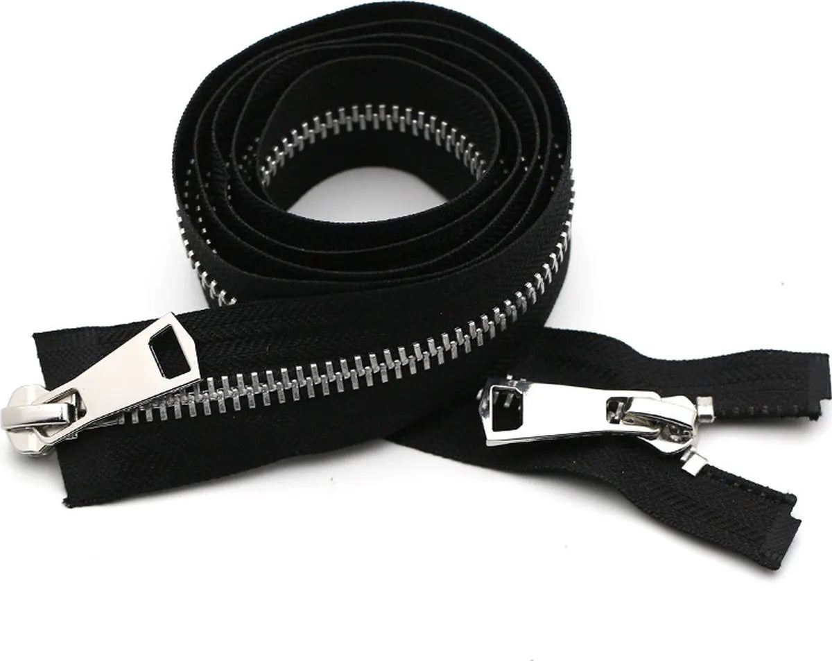 Zipper - Pack of 2 - Two-way zipper - Double slider - Divisible - Silver teeth - Black, silver - No. 5 70 cm - For jackets and coats
