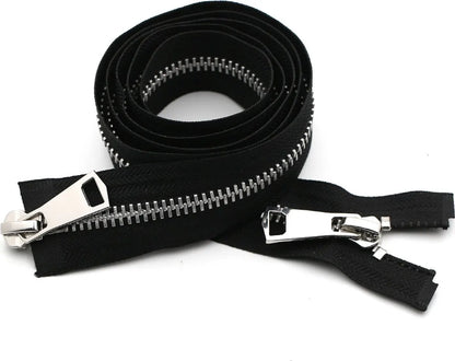 Zipper - Pack of 2 - Two-way zipper - Double slider - Divisible - Silver teeth - Black, silver - No. 5 70 cm - For jackets and coats