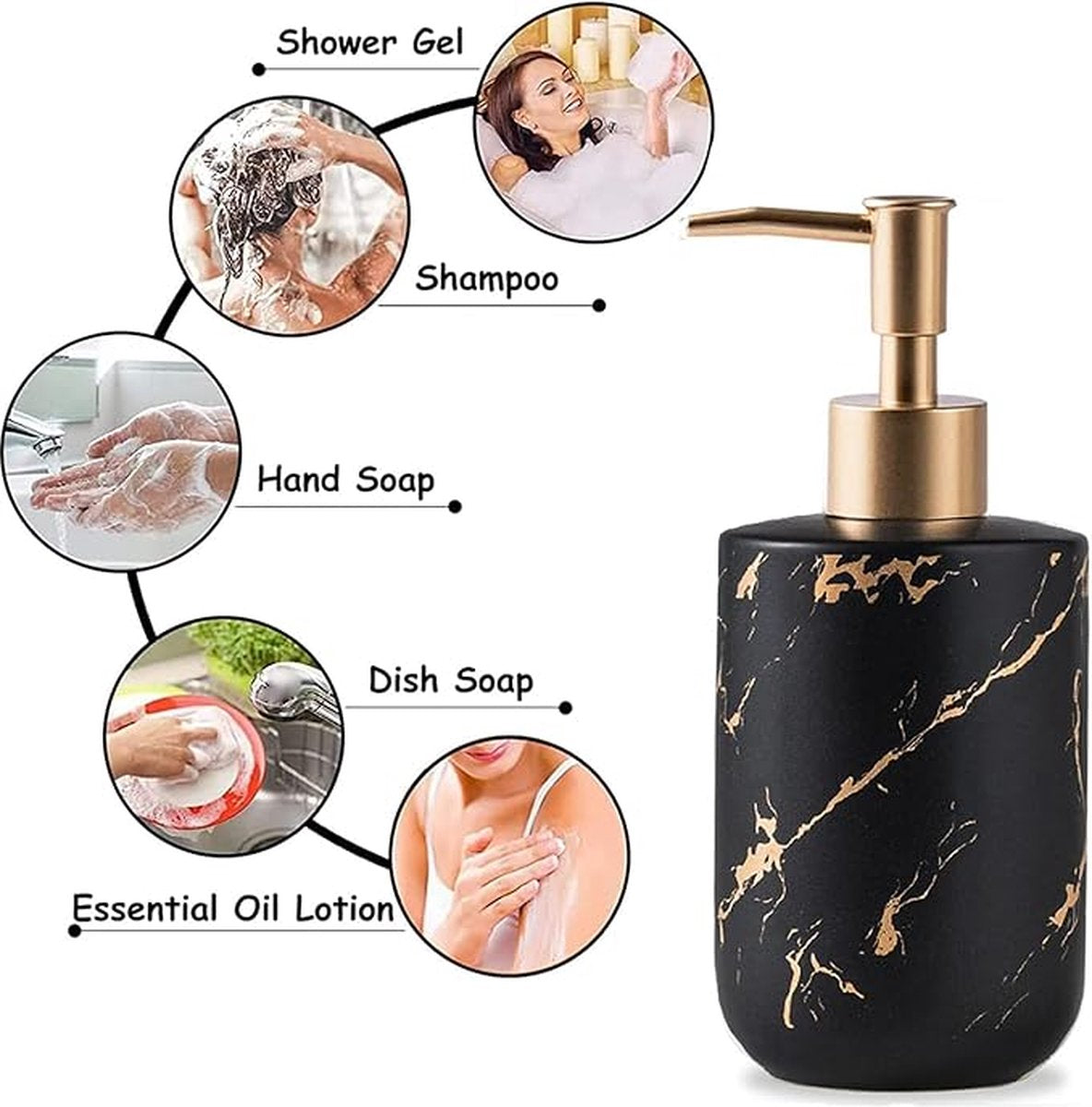 Soap dispensers - Soap dispensers - Freestanding soap dispenser - Kitchen - Bathroom - Toilet - 300 ml - Kitchen accessories - Freestanding and refillable - black and gold - Marbled matt - ceramic - 8*19cm - Image 2