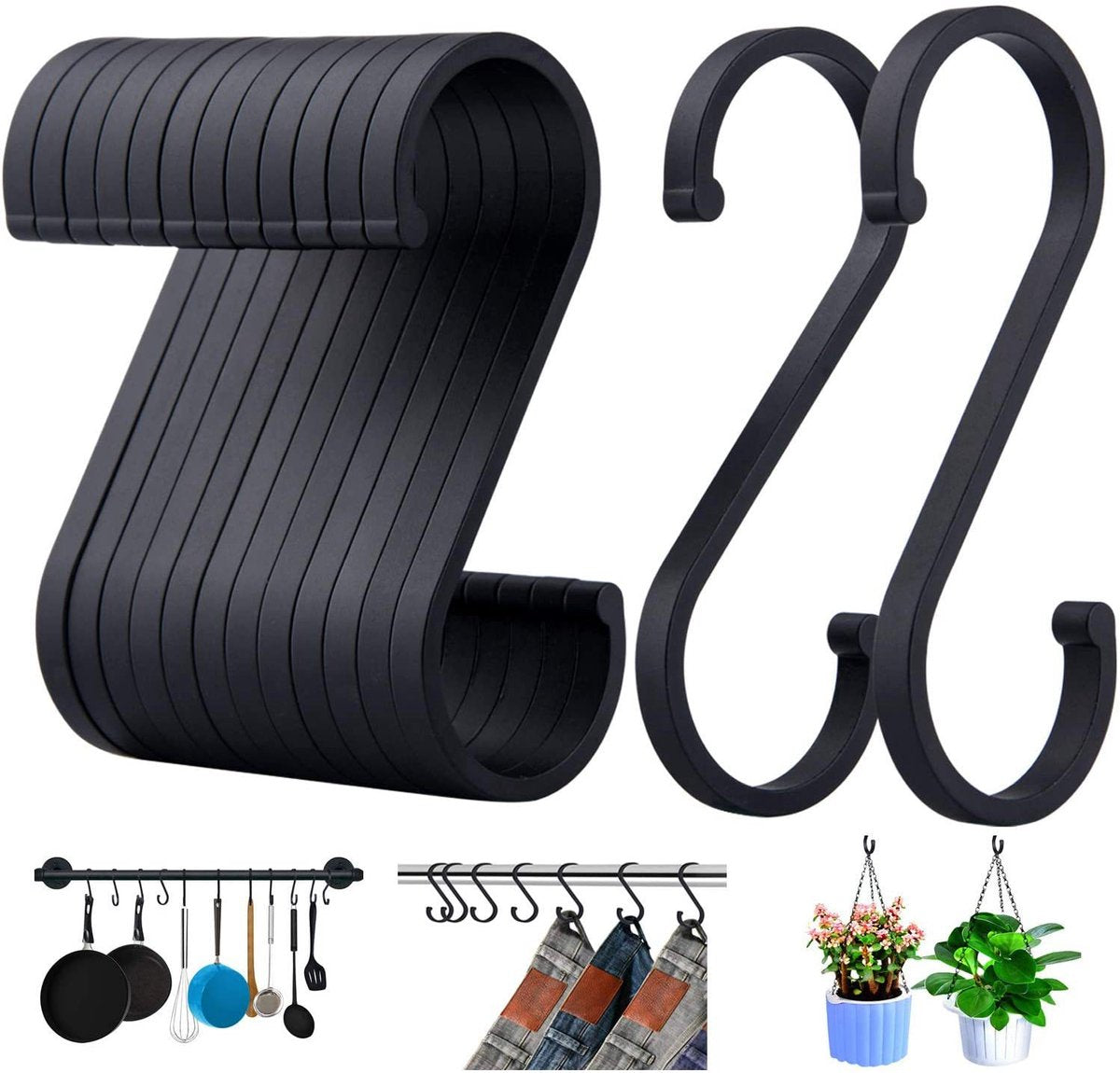 12 pieces - Hanging hooks - S hooks - 85mm - Metal - for hanging pots and pans, plants, coffee cups, clothes - black - for towels in the kitchen, bedroom, bathroom, office and garden - Image 8