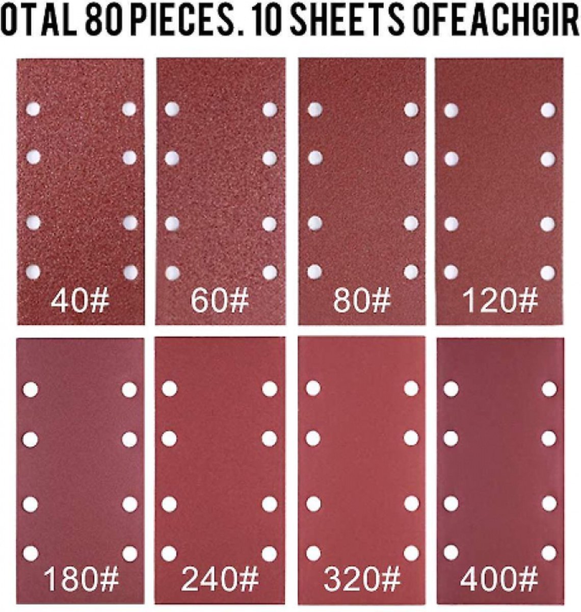 80 pieces - Sanding sheets - Sandpaper set - 40/60/80/120/180/240/320/400 grit - rectangular flocked sandpaper - 8 holes - red - 185*93mm - Image 4