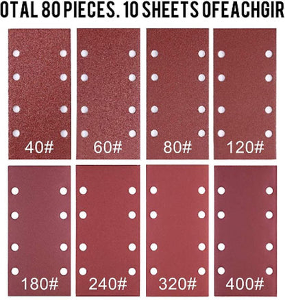 80 pieces - Sanding sheets - Sandpaper set - 40/60/80/120/180/240/320/400 grit - rectangular flocked sandpaper - 8 holes - red - 185*93mm - Image 4