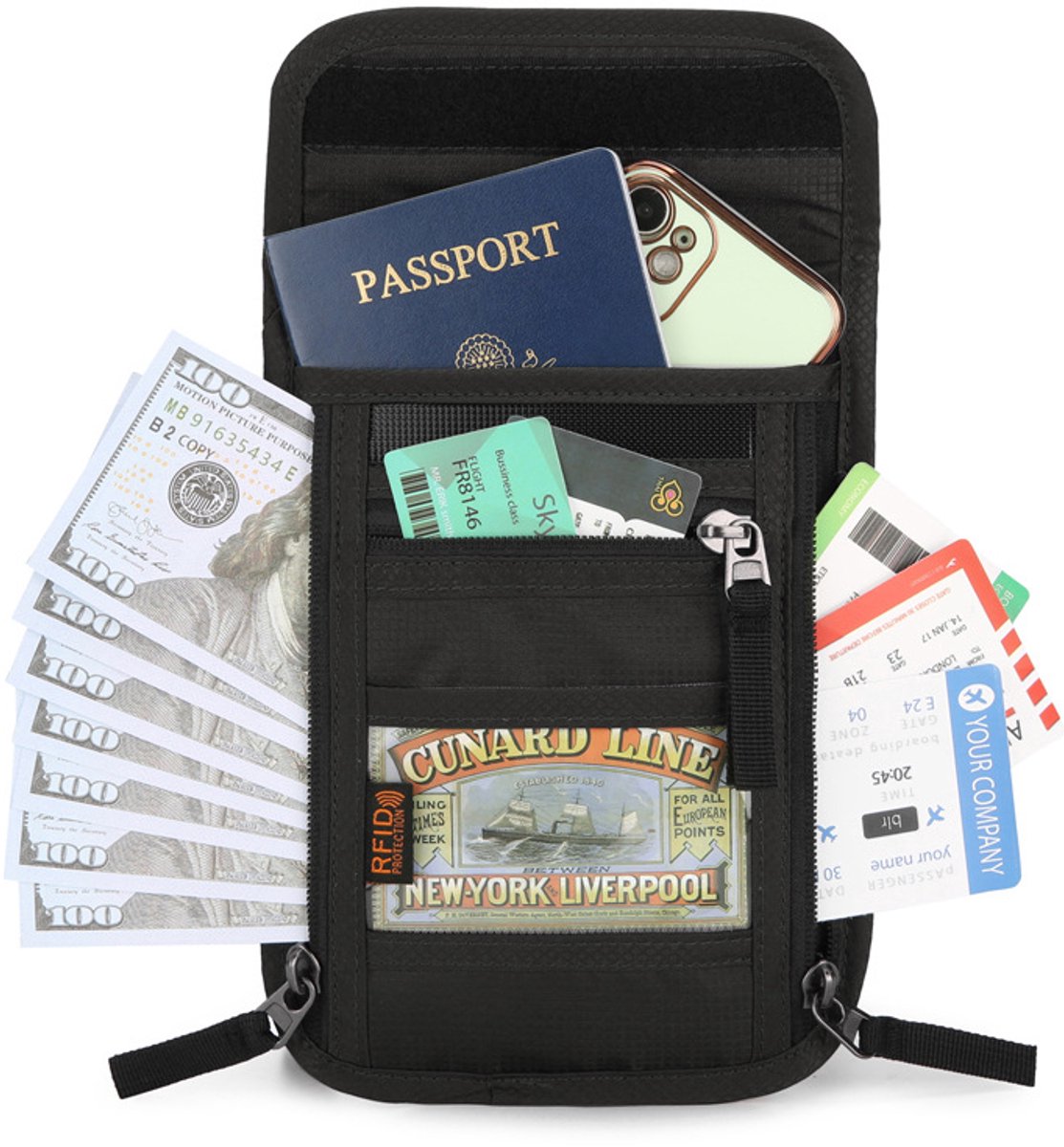 Neck pouch - Anti-skimming RFID Signal Blocking - Travel wallet - Passport pouch - For women and men - Water-repellent - Travel wallet - Neck pouch for travel and holidays - Black - Image 3