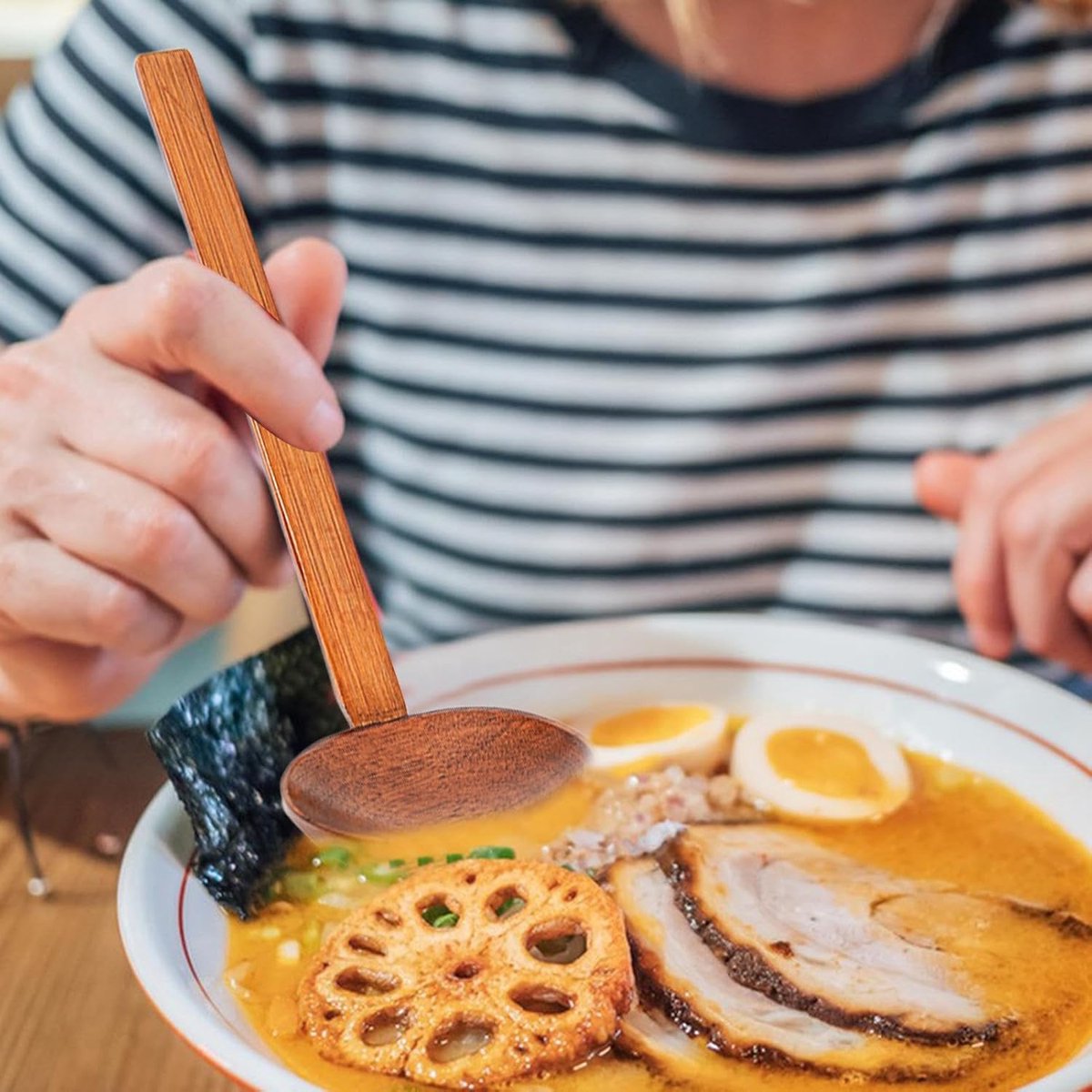 Soup Spoon - 4 Pieces - Stirring Spoon - Wood - With Long Handle - Ladle - Cooking Spoon - Serving Spoon - Bouillon Spoons - Kitchen Accessories - Cooking Utensils - For Soups, Ramen and Hotpot - Suitable for Restaurants and Homes - 22×7cm - Brown - Image 2
