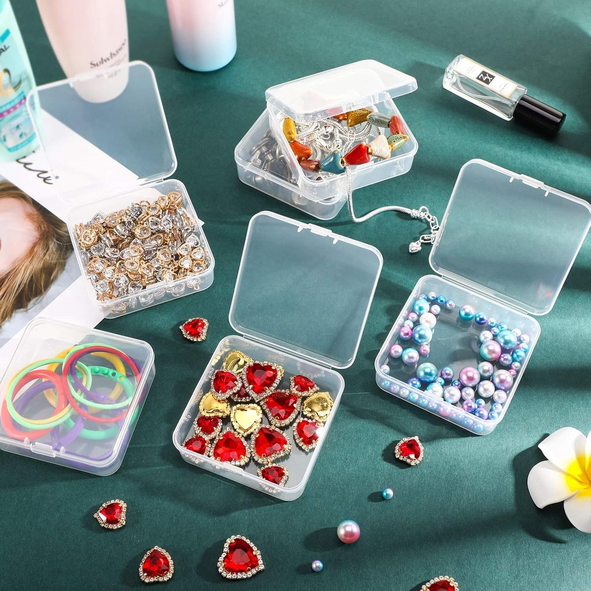 6 Pieces - Small Clear Plastic Storage Box Containers with Hinged Lids - L 5.5 x W 5.5 x H 2cm - Mini Boxes for Pills, Beads, Jewelry & Hobby Items - Stackable Mini Tubs - Transparent - Image 3