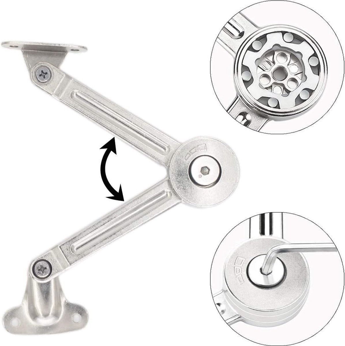 Flap hinge - 2 pieces - Stop hinge - Furniture hinge - Cabinet hinge - Overlay hinge - Flap supports - Lid support hinge - Zinc alloy - Silver - Nickel plated - With screws and Allen key - for kitchen, cabinet lift door - Image 2