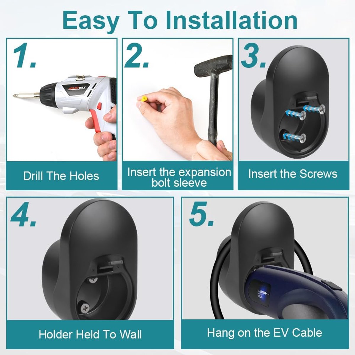 Charging cable mounting bracket for car - universal cable holder for EV - black - Image 2