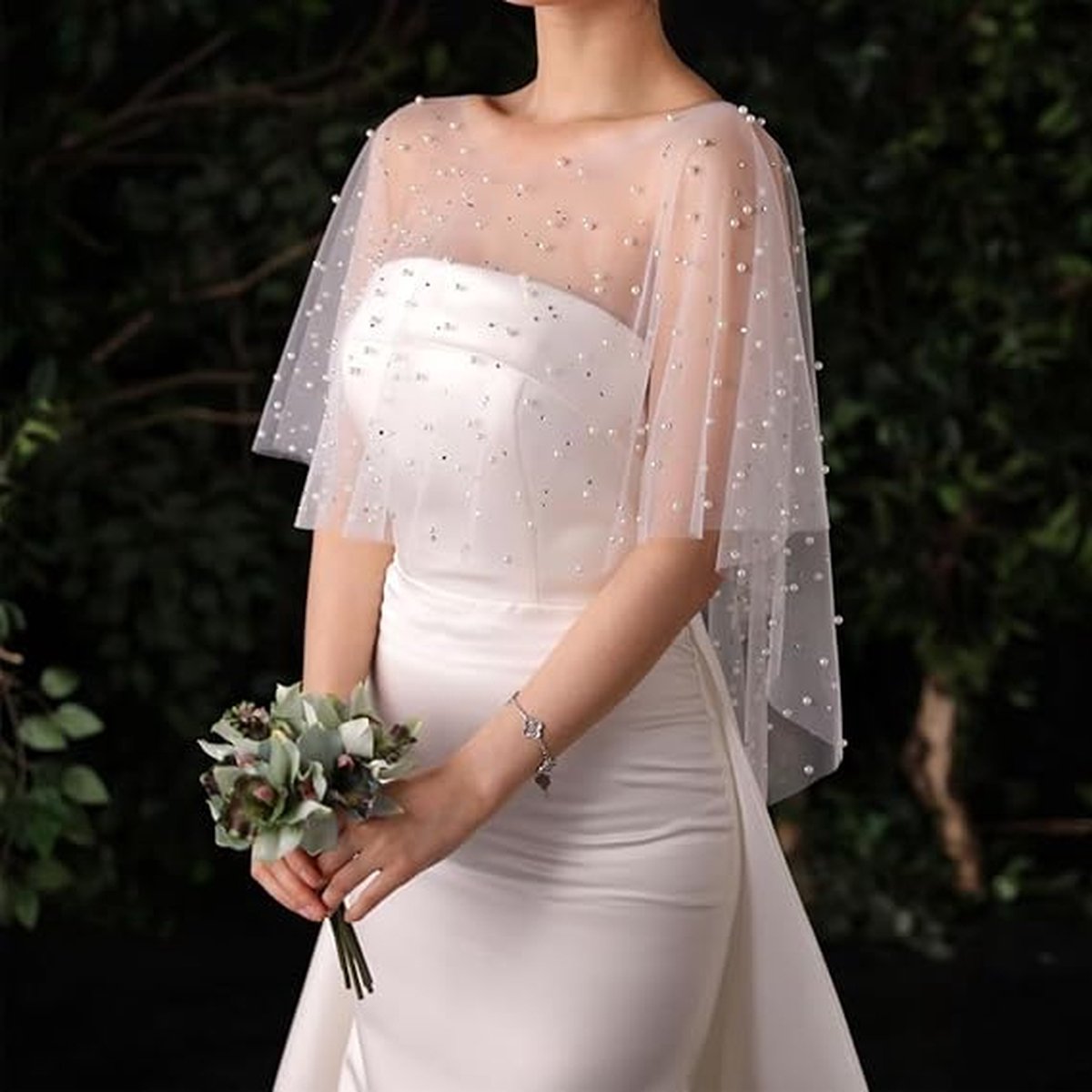 Poncho - Cape - Stole - Shawl - Artificial Pearl Capelet - Chiffon - Wedding - Party - Bride - Gala - Evening Dress - for Shoulder width less than 45 cm - Image 3