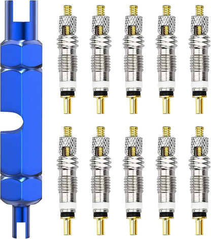 Presta Valve Cores - 10 Pieces - Zinc Alloy - With Extension Wrench - Bicycle Presta Valve Core Removal Kit - Presta Valve Core Replacement Kit - Tire Repair