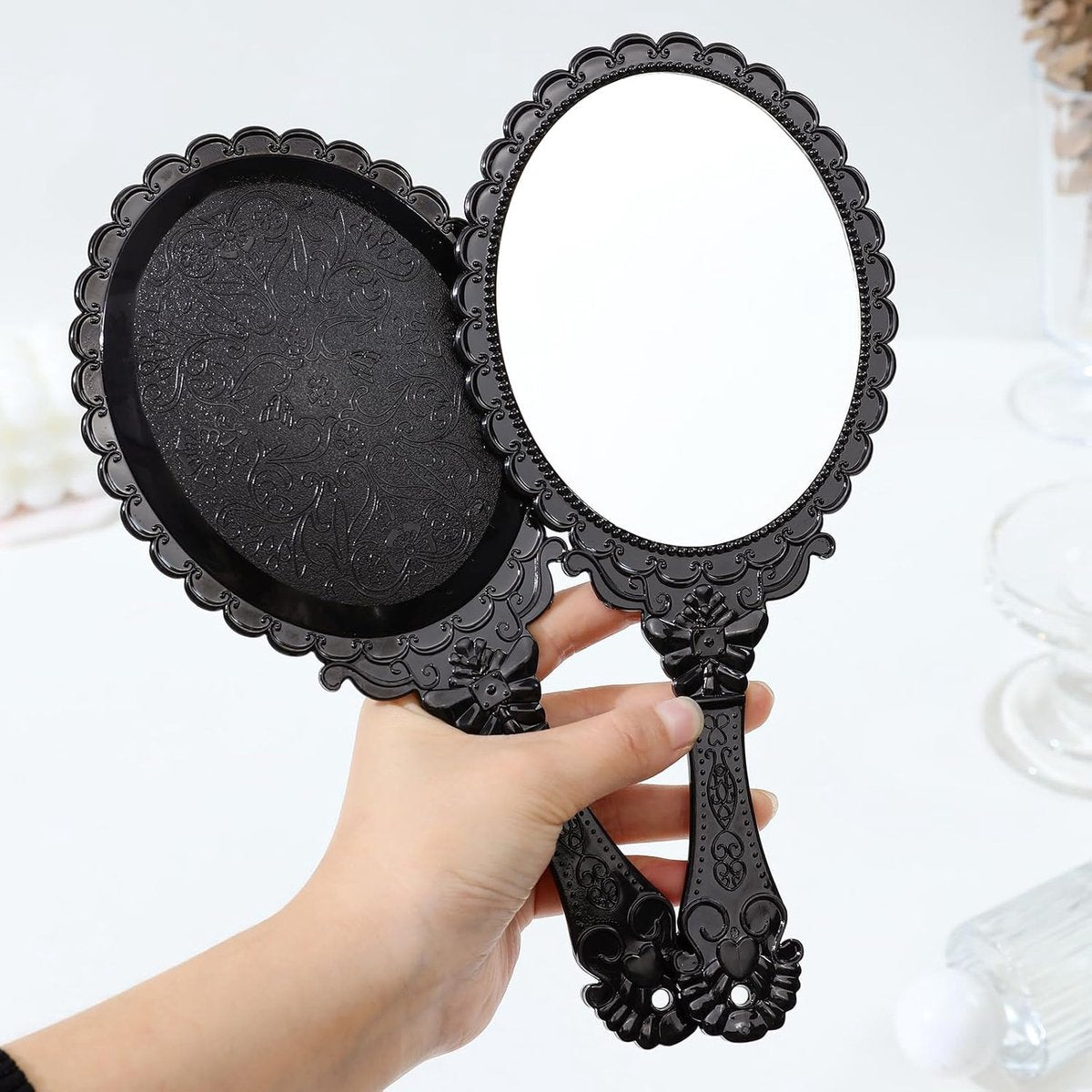 Hand Mirror with Handle - Make-up Mirror - Make-up Mirror - Oval Mirror - Travel Mirror - 12 x 10 cm Mirror Surface - Shaving Mirror - Hairdressing Mirror - Black - Plastic Handle - Image 3