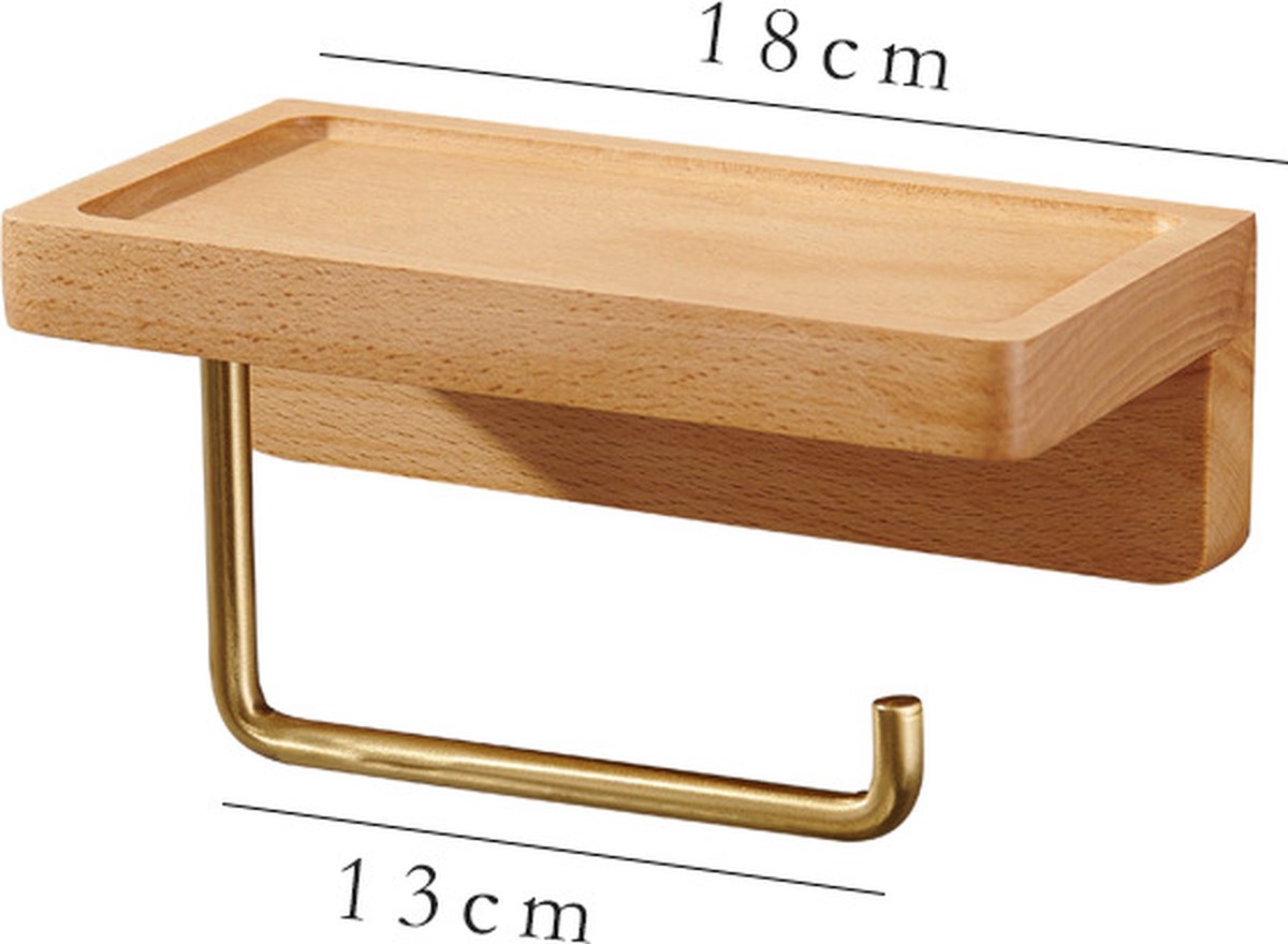 Toilet Roll Holder with Shelf - Toilet Roll Holder Without Drilling - Wood - Self-Adhesive - Toilet Paper Holder - Toilet Roll Holder - Toilet Roll Holder with Shelf - Wood Color - 18cm - Image 2