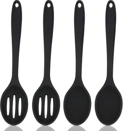 Cooking Spoon - 4 Pieces - Stirring Spoon - Silicone - Spoon - Sauce Spoon - Serving Spoon - Serving Spoon - Heat Resistant - Kitchen Tool - Non-Stick Coating - Kitchen Utensils - Suitable for Kitchens and Dining Rooms - 20.3*4.5 cm - Black
