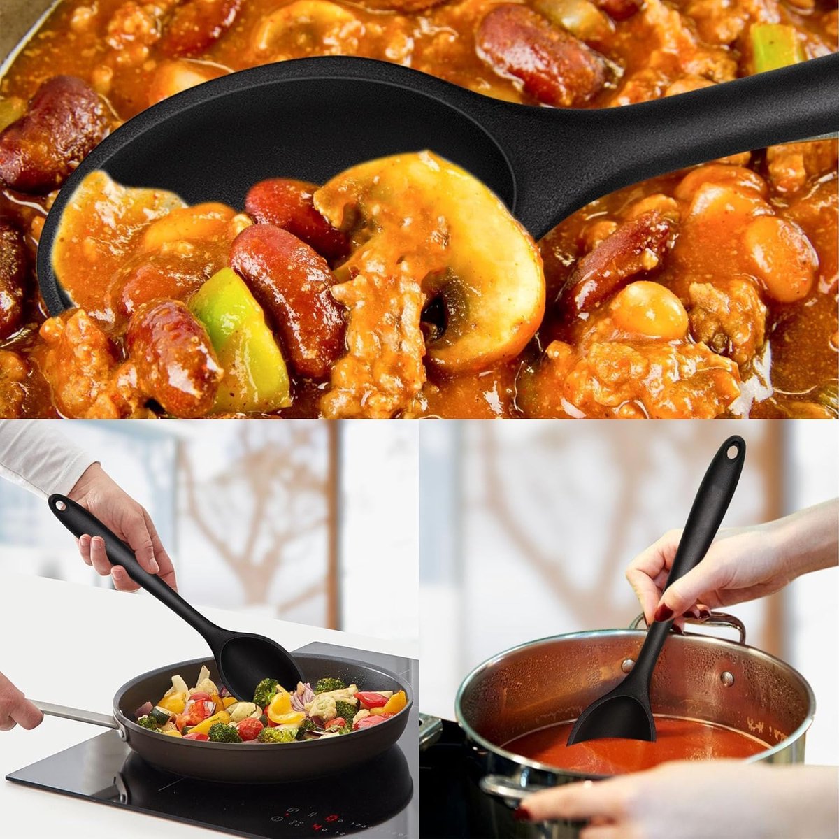 Cooking Spoon - 4 Pieces - Stirring Spoon - Silicone - Spoon - Sauce Spoon - Serving Spoon - Serving Spoon - Heat Resistant - Kitchen Tool - Non-Stick Coating - Kitchen Utensils - Suitable for Kitchens and Dining Rooms - 20.3*4.5 cm - Black - Image 4