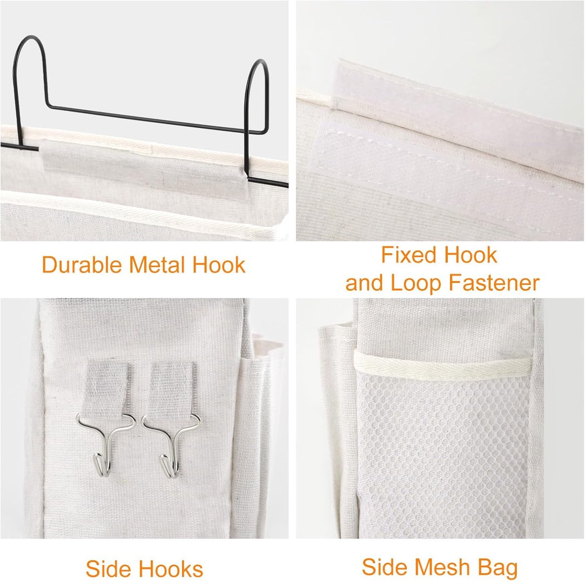Hanging Basket - Bag Organizer - Bed Bag Holder - Storage Bags - Bed Organizer - Hanging Storage Bags - Dorm Organizer - 30*10*19 cm - Off-White - with 4 Pockets and 2 Hooks - Canvas - for Bunk Bed, Hospital Bed, Dorm, Camping - Image 2
