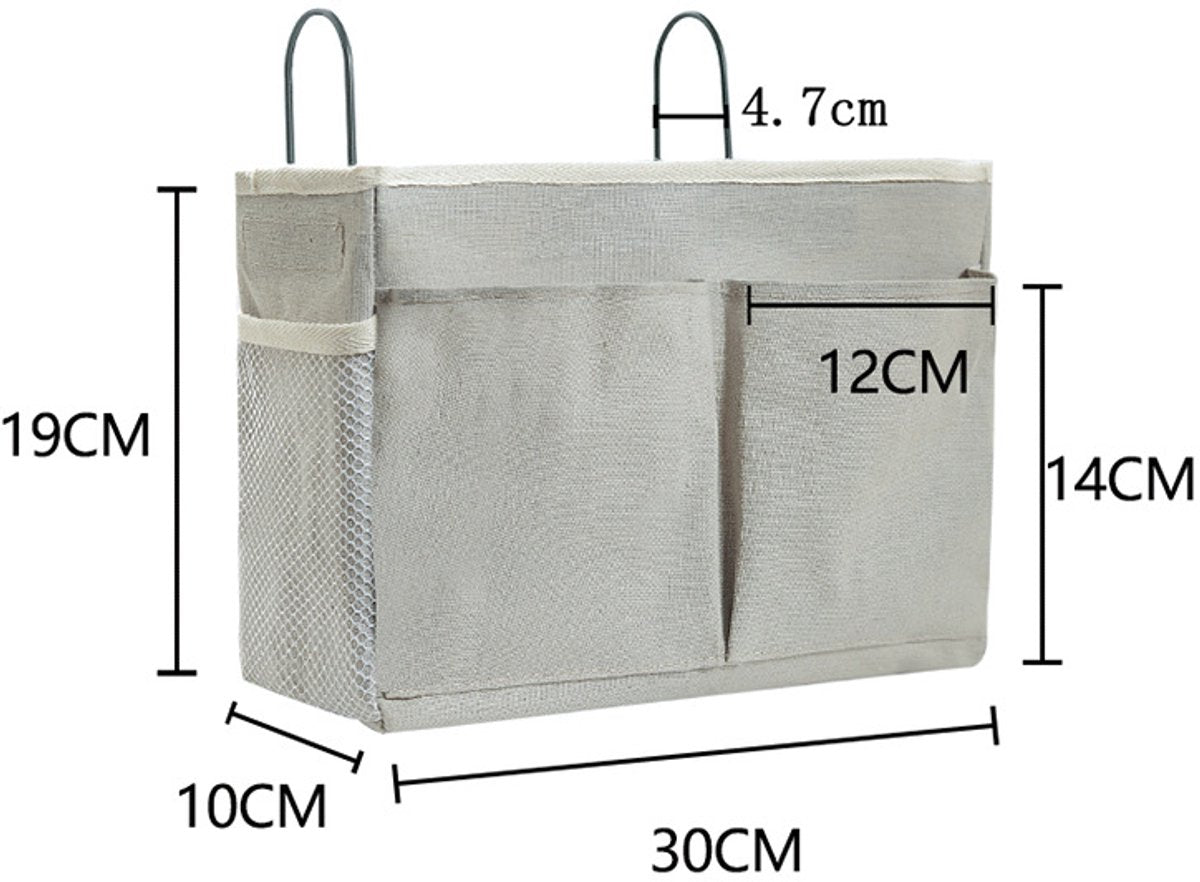 Hanging Basket - Bag Organizer - Bed Bag Holder - Storage Bags - Bed Organizer - Hanging Storage Bags - Dorm Organizer - 30*10*19 cm - Off-White - with 4 Pockets and 2 Hooks - Canvas - for Bunk Bed, Hospital Bed, Dorm, Camping - Image 5
