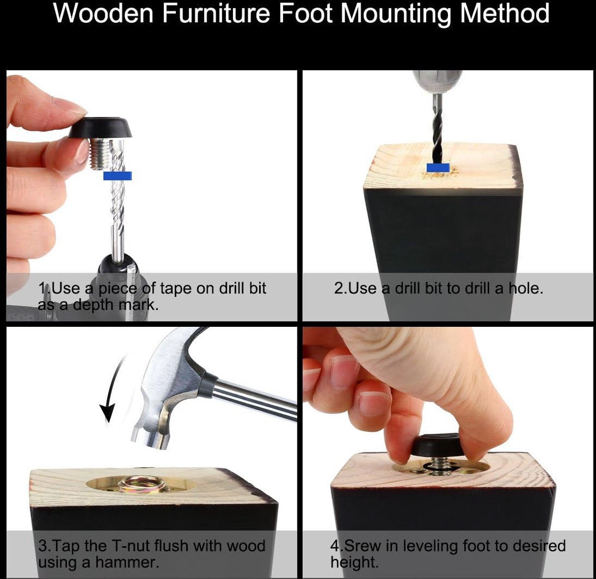 16 pieces Adjustable Furniture Feet - Leveling Pad Base Leg - Table Leg Chair - Adjustable Floor Protection - M6 x 10 x 20 mm - Leveling Leg - Furniture Coaster - Black / Silver - Plastic - Stainless Steel - Leveling Feet - Felt Pads - Floor Protectors -  - Image 2