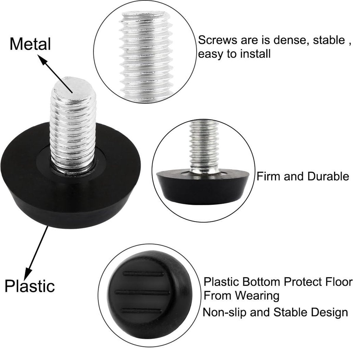 16 pieces Adjustable Furniture Feet - Leveling Pad Base Leg - Table Leg Chair - Adjustable Floor Protection - M6 x 10 x 20 mm - Leveling Leg - Furniture Coaster - Black / Silver - Plastic - Stainless Steel - Leveling Feet - Felt Pads - Floor Protectors -  - Image 4